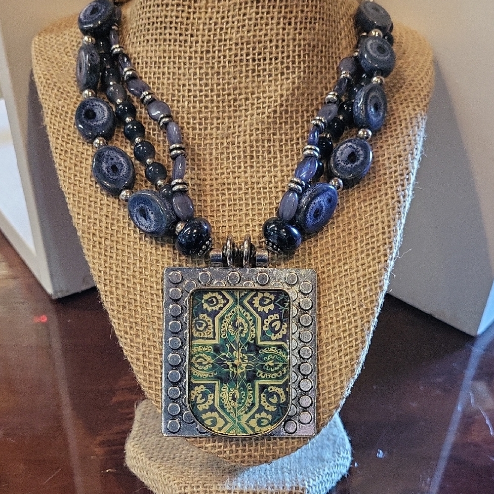 Boho Beaded Necklace With Abstract Pendant